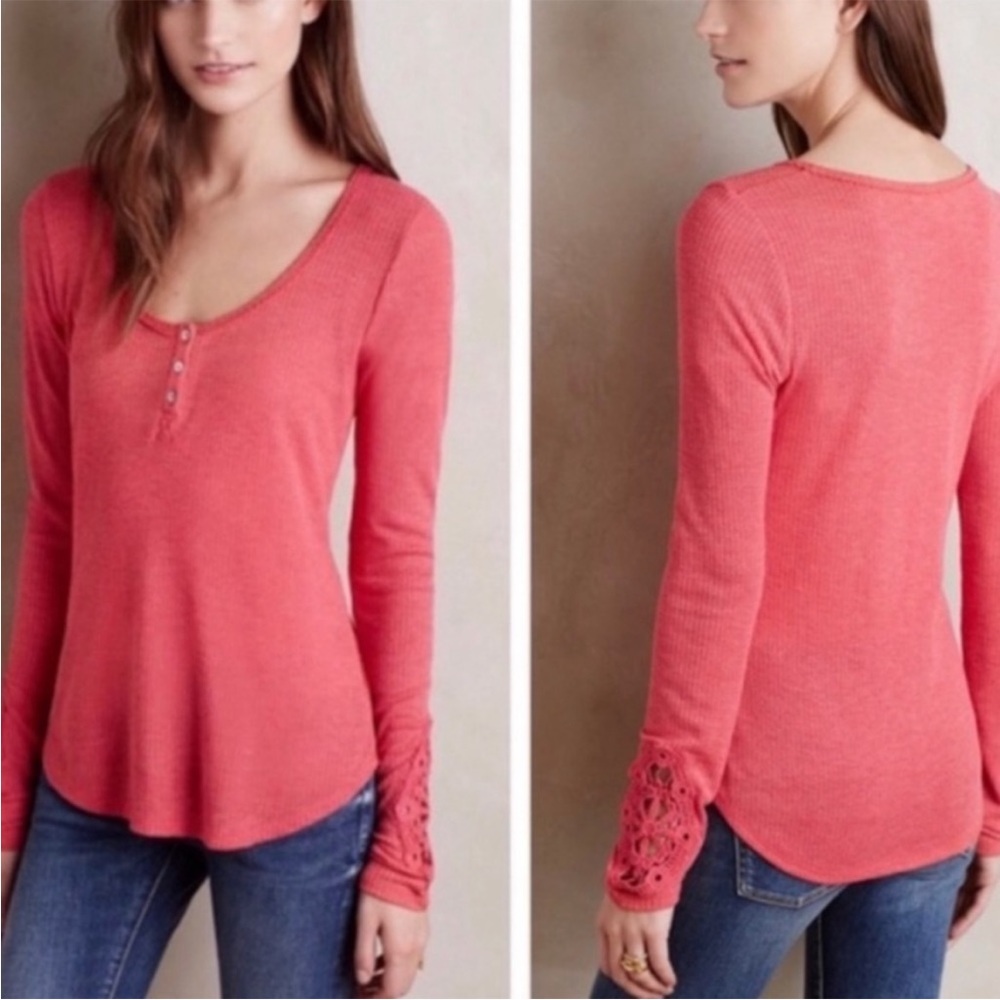 Anthropologie Eloise Waffle Knit Thermal Top
Crochet Cuff Henley Shirt sz M